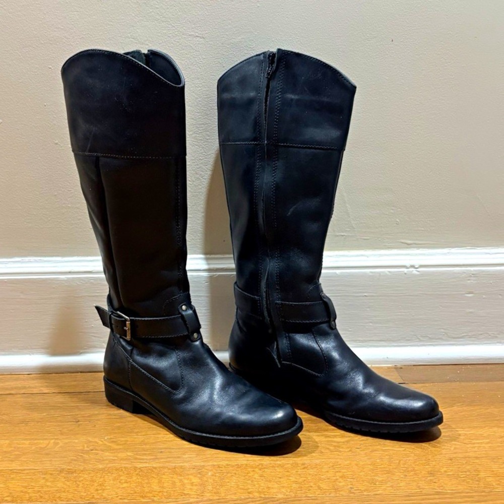 L.L.Bean Womens Black Leather Knee High Riding Boots Buckle US 6.5 M